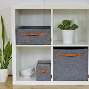 Felt storage box with leather handle, fits to Ikea Kallax, Expedit insert, minimalist scandinavian basket, drona box, housewarming gift