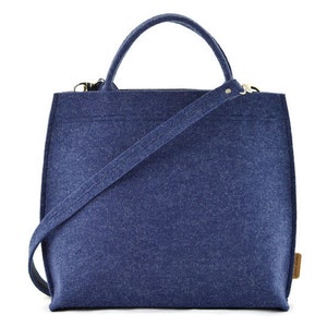 Navy blue felt bag, minimalist zipper closure medium size handbag with short handles, crossbody purse, dark blue long strap work bag