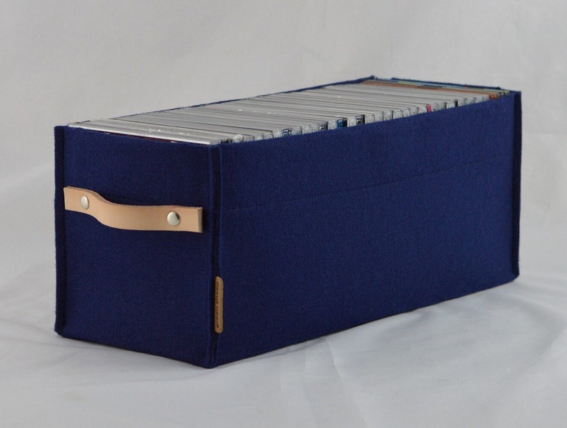 Boîte de rangement pour CD avec poignée en cuir, panier en feutre, organiseur de CD de style scandinave minimaliste, insert express Ikea kallax, cadeau de pendaison de crémaillère image 7