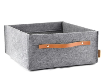 Felt storage box with leather handle, fits to Ikea Kallax, Expedit insert, minimalist scandinavian low basket, drona box, housewarming gift