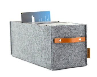 CD storage box with leather handle, felt basket, minimalist scandinavian style gray CD organiser, Ikea kallax expedit, housewarming gift