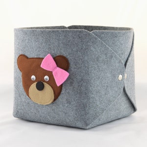 Storage basket, felt box, toy storage, grey with bear teddy bear, gray bin, scandinavian basket, kids room,