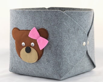 Storage basket, felt box, toy storage, grey with bear teddy bear, gray bin, scandinavian basket, kids room,