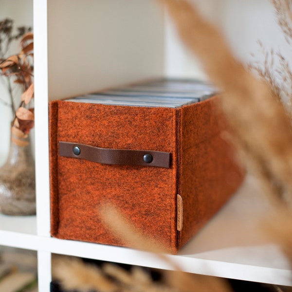 CD storage box with leather handle, felt basket, minimalist boho style basket, CD organiser, Ikea kallax expedit insert, housewarming gift