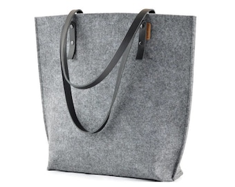 Sac fourre-tout en feutre avec poignées en cuir, grand sac feutré minimaliste, sac à provisions en cuir véritable, fourre-tout moderne, sac à bandoulière