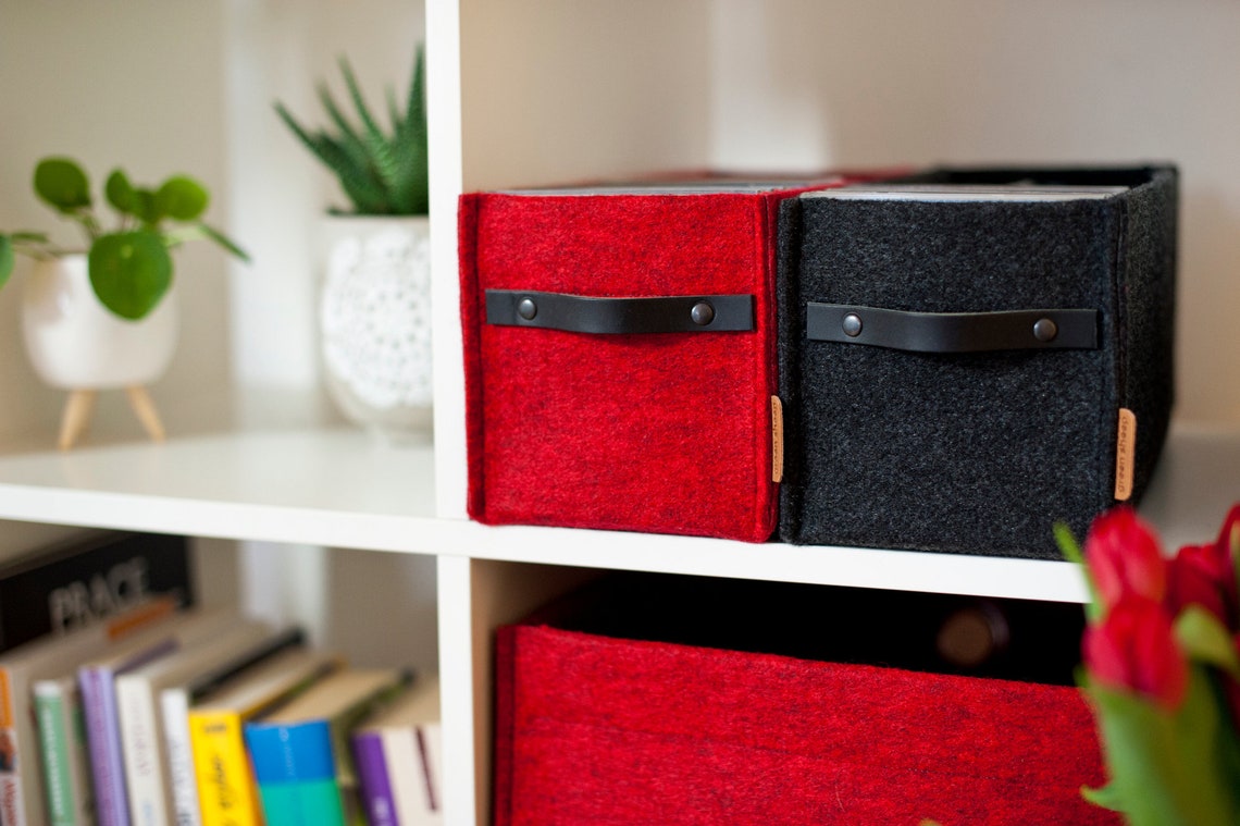 CD Storage Box With Leather Handle Felt Basket Minimalist | Etsy