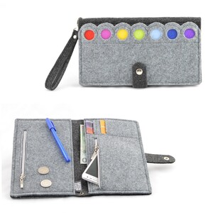 Felt wallet with a rainbow color dots, Wristlet bag, eco coin purse, large wallet