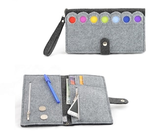 Felt wallet with a rainbow color dots, Wristlet bag, eco coin purse, large wallet