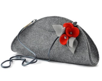 Pochette en feutre, petit sac à main pour sortir, sac à main pour fête de mariage, petit sac gris mignon avec une broche en laine rouge, sac de soirée