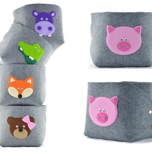 Toy Storage basket, felt storage bin, felt bin, felt basket toys, storage box, storage box grey with pig piggy piglet gray storage bin