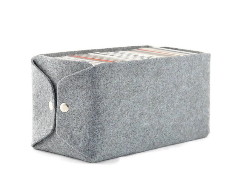 CD Storage basket, felt storage bin, felt bin, felt CD basket, CD storage box, grey cd storage bin, gray felt box, felt bin, housewarming image 3