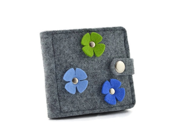 Floral Blue Girls Wallet Kids Felt Coin Purse Colorful Flowers