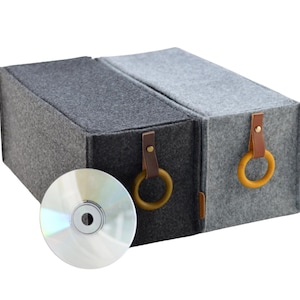 CD storage box with a flap, wooden ring and leather handle, felt basket lid cover, minimalist gray organiser bin, Ikea kallax expedit insert