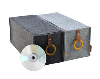 CD storage box with a flap, wooden ring and leather handle, felt basket lid cover, minimalist gray organiser bin, Ikea kallax expedit insert