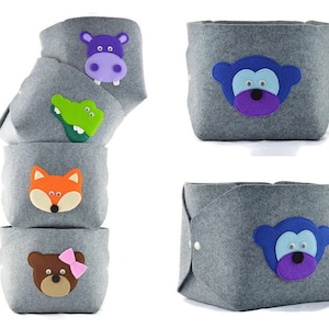 Toy storage basket with monkey, felt storage box, gray ape at, gray bin, kids room decor idea, gift for a boy, storage idea
