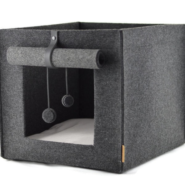 Felt cat bed with PILLOW, cat house, fits to Ikea Kallax, Expedit insert, leather minimalist scandinavian style cat cave, cat lover gift