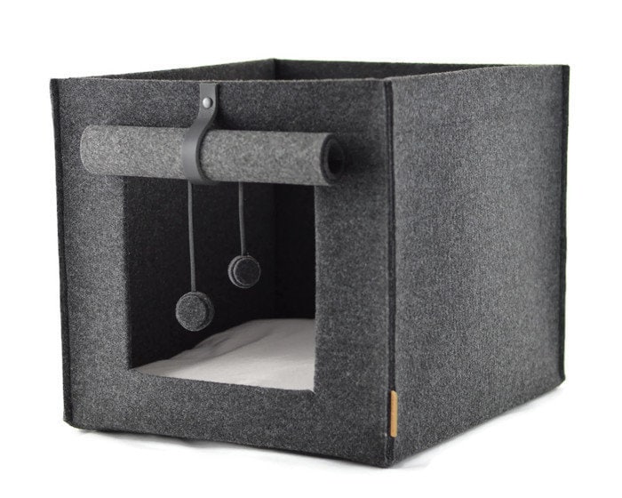 Felt Cat Bed With Pillow, House, Fits To Ikea Kallax, Expedit Insert, Leather Minimalist Scandinavian Style Cave, Lover Gift