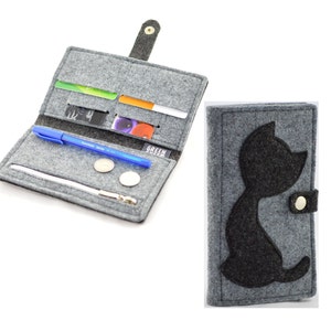 Portefeuille en feutre avec un chat, portefeuille gris de style écologique, idée cadeau pour amoureux des chats, porte-monnaie chaton, porte-cartes en feutre