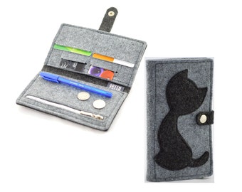 Felt wallet with a cat, eco style grey wallet, cat lover gift idea, kitty coin purse, felt card holder