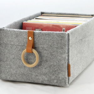 DVD storage box with wooden and leather handle, felt basket, boho basket, DVD organiser, Ikea kallax expedit, DVD collection store solution