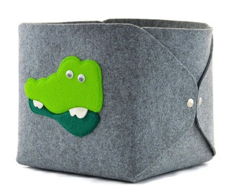 Panier de rangement, boîte en feutre, rangement jouets, gris avec crocodile vert, panier scandinave, fait main, décoration chambre enfant, cadeau pour garçon