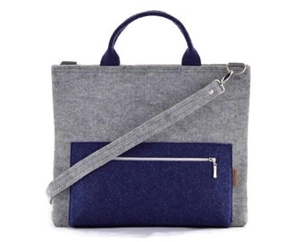 Navy blue Felt Laptop Bag, Modern Minimalist Messenger Bag, Gray and navy crossbody bag, handbag with short handles, felted light gray bag
