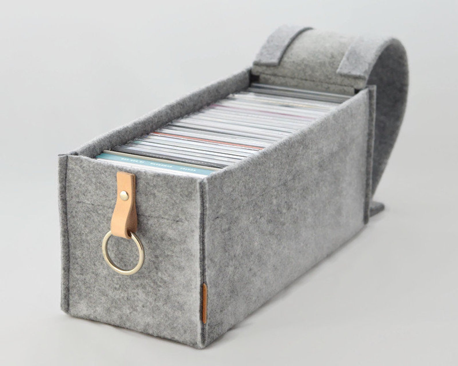 Felt Basket With Cover, CD Storage Box With Metal Ring, Leather Handle ...