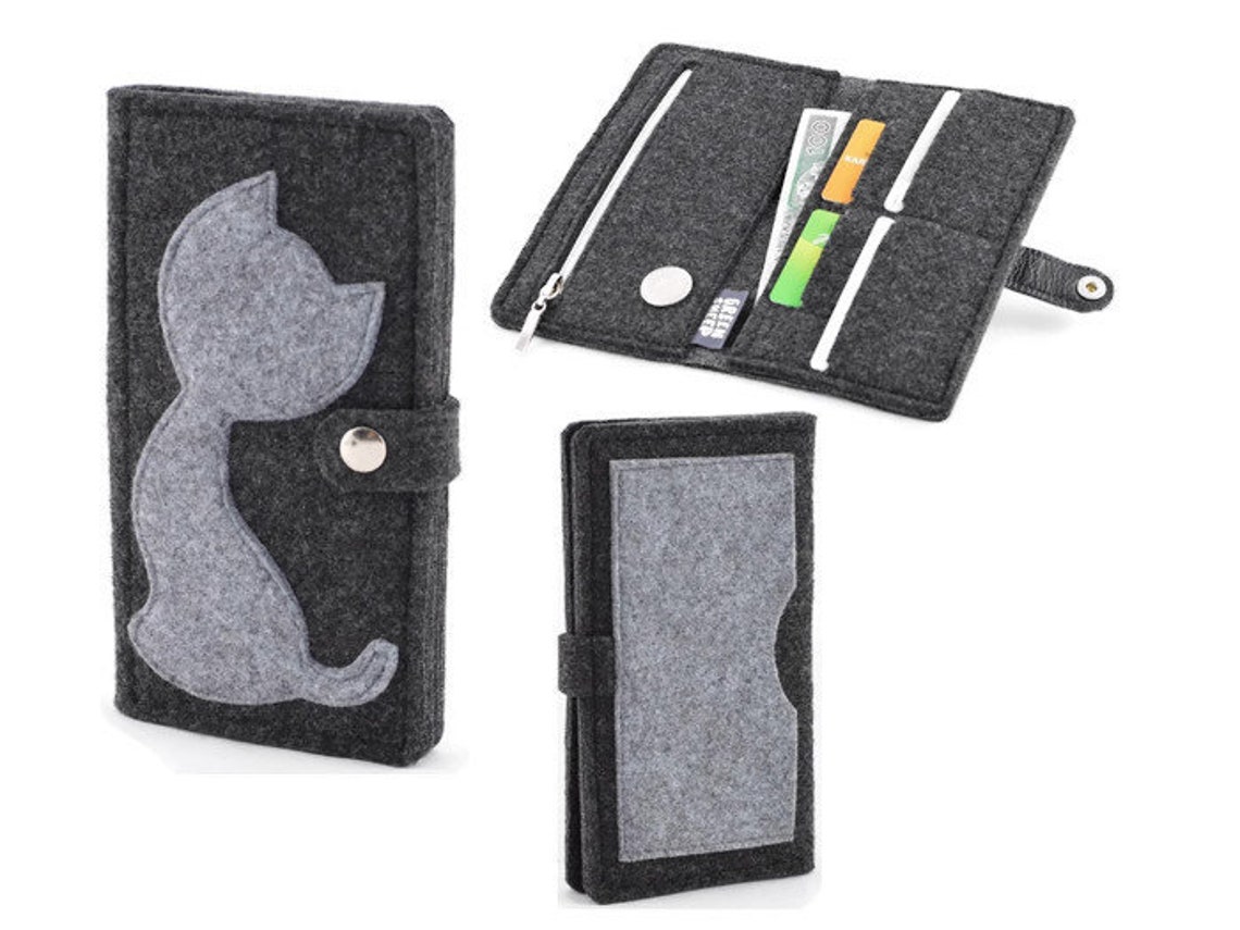 Felt Wallet large wallet big wallet grey cat kitten Etsy