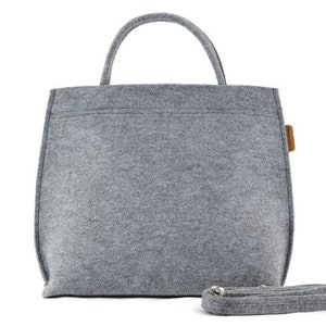 Graue Filzhandtasche, minimalist Reißverschluss mittelgroße Tasche mit Griffen, Top Griff Tasche, hellgraue lange Riemen Arbeitstasche
