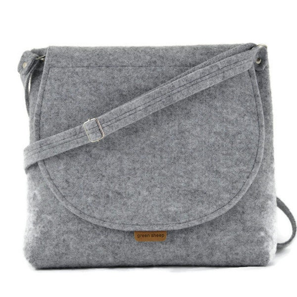 Crossbody voelde minimalistische portemonnee, middelgrote grijze vilten handtas, grijze schoudertas, lange riem tas, cadeau voor haar