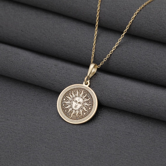 14K Gold Sun Face Necklace – Engraved Solar Medallion Pendant, Celestial Jewelry