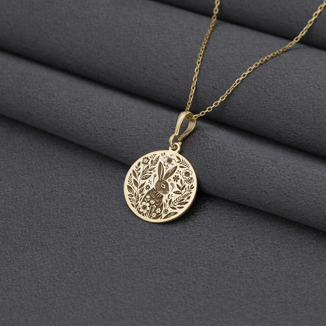 Floral Bunny Necklace – 14K Gold Engraved Rabbit Medallion Pendant - Etsy