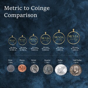 The image is a comparison chart that provides the size of various coins in relation to the size of a jewelry piece. It includes a collection of coins such as pennies, nickels, quarters, dimes, and half-dollars, along with their corresponding jewelry sizes. The chart provides a visual representation of the size comparison between the coins and the jewelry piece.