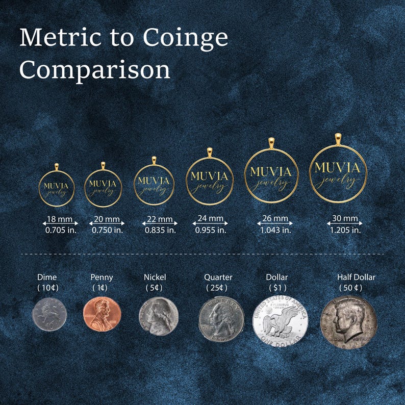 The image is a comparison chart that provides the size of various coins in relation to the size of a jewelry piece. It includes a collection of coins such as pennies, nickels, quarters, dimes, and half-dollars, along with their corresponding jewelry sizes. The chart provides a visual representation of the size comparison between the coins and the jewelry piece.