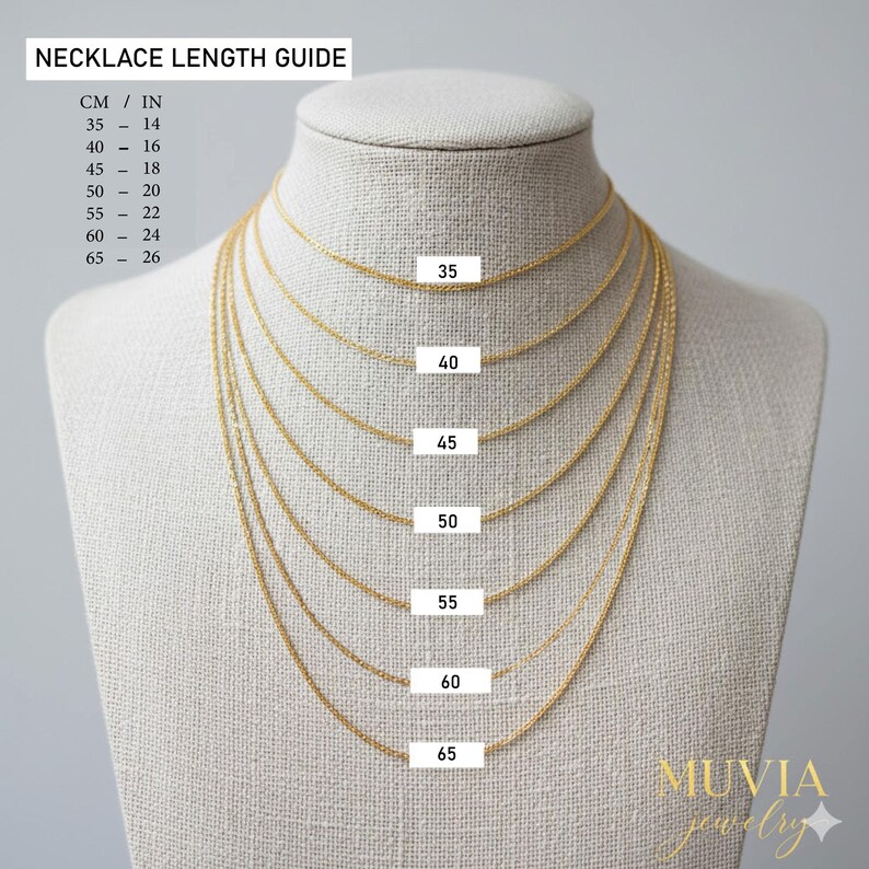 a necklace length guide on a mannequin, showing the different necklace lengths in inches and their corresponding labels.