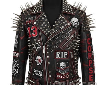 Chaqueta de cuero negro estilo motero con tachuelas extremas / Salpicaduras blancas / Abrigo punk rock con tachuelas piramidales / ¡Cartera GRATIS (valorada en 48 USD)!