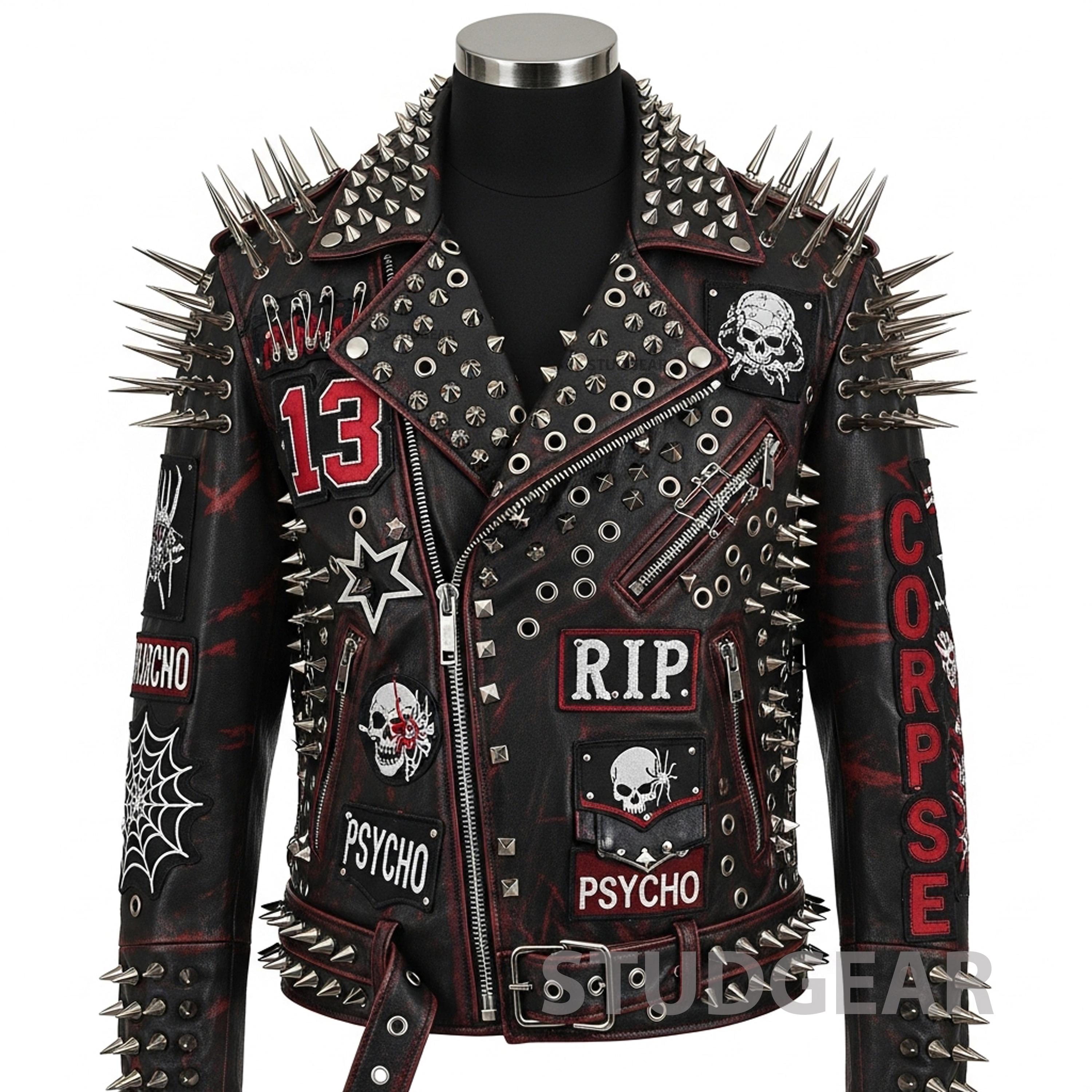 Extreme Studded Drip Black Leather Biker Jacket | White Splatter