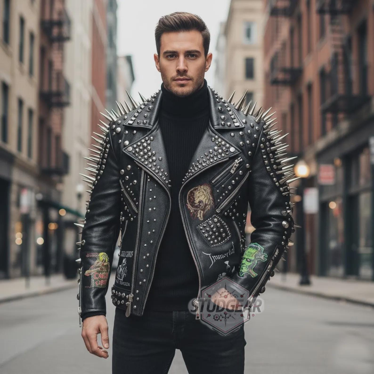ジャケット・アウター opium darkwear punk studs riders jacket Black Studded Punk Biker Jacket for Men – Leather Coat With Silver