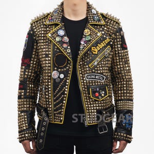 Gold Studded Punk Jacket Black Leather Bronze Pyramid Studs Skull Crossbones Back Patch Yellow Piping Button Badges Metal Hardware Coat