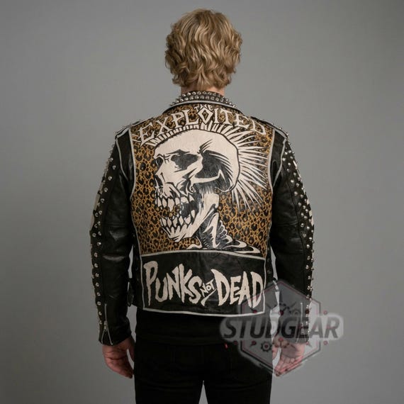 Studded Leopard Punk Leather Jacket UV Print Misfits Exploited