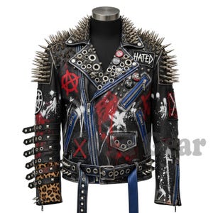 Extreme Studded Punk Jacket in Black Leather with Hand-Painted Skull Red White Anarchist Art Silver Spikes Grommets & Leopard Print Details