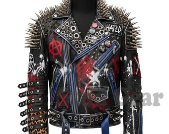 Extreme Studded Punk Jacket in Black Leather with Hand-Painted Skull Red White Anarchist Art Silver Spikes Grommets & Leopard Print Details