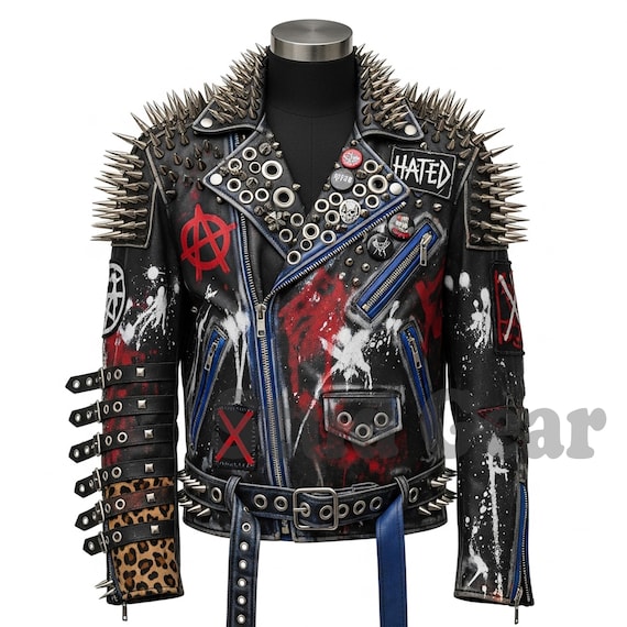 Extreme Studded Punk Jacket in Black Leather With Hand-painted