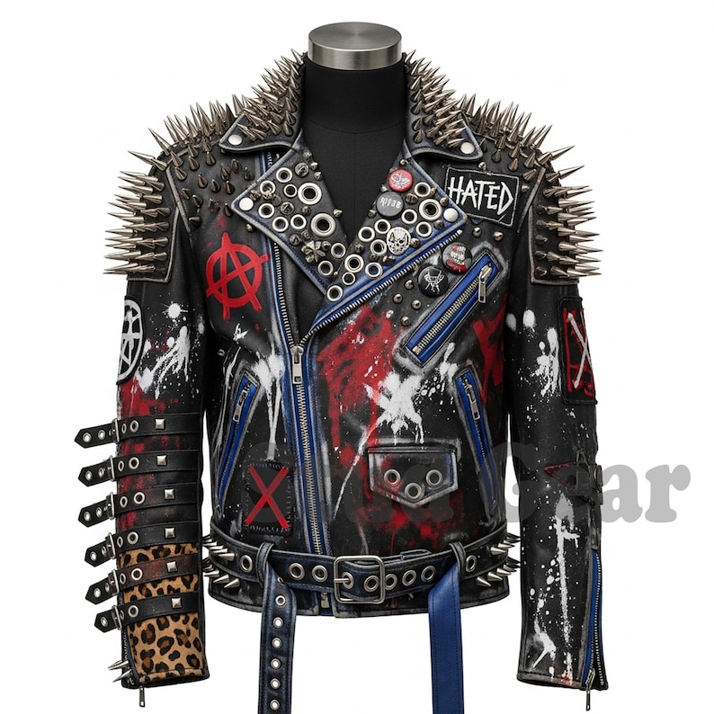 Back studded jacket hand painted white skull red white stripes silver spikes comprehensive coverage anarchist punk leather metal coat