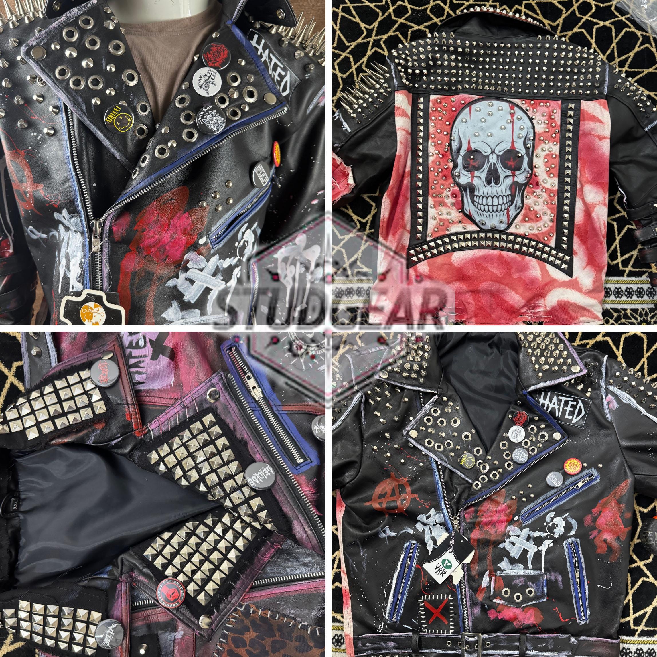 Extreme Studded Punk Jacket in Black Leather With Hand-painted Extreme Studded Punk Jacket in Black Leather With Hand-painted