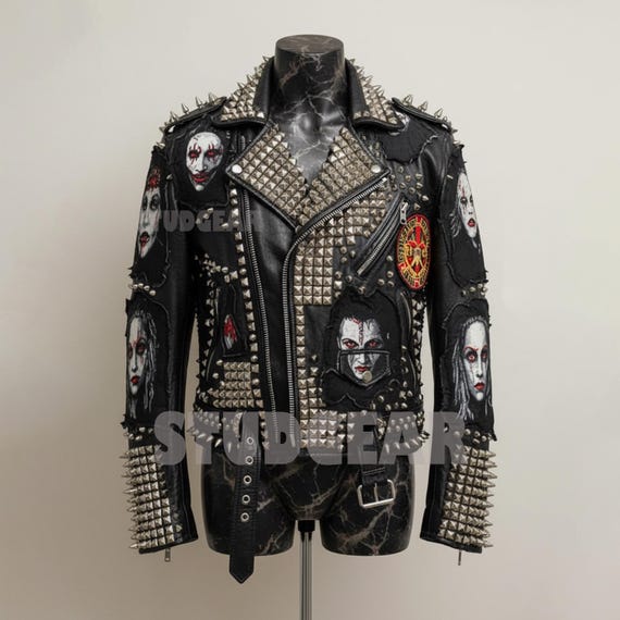Black Spiked Leather Biker Jacket | Pyramid Studs & NERD Patches
