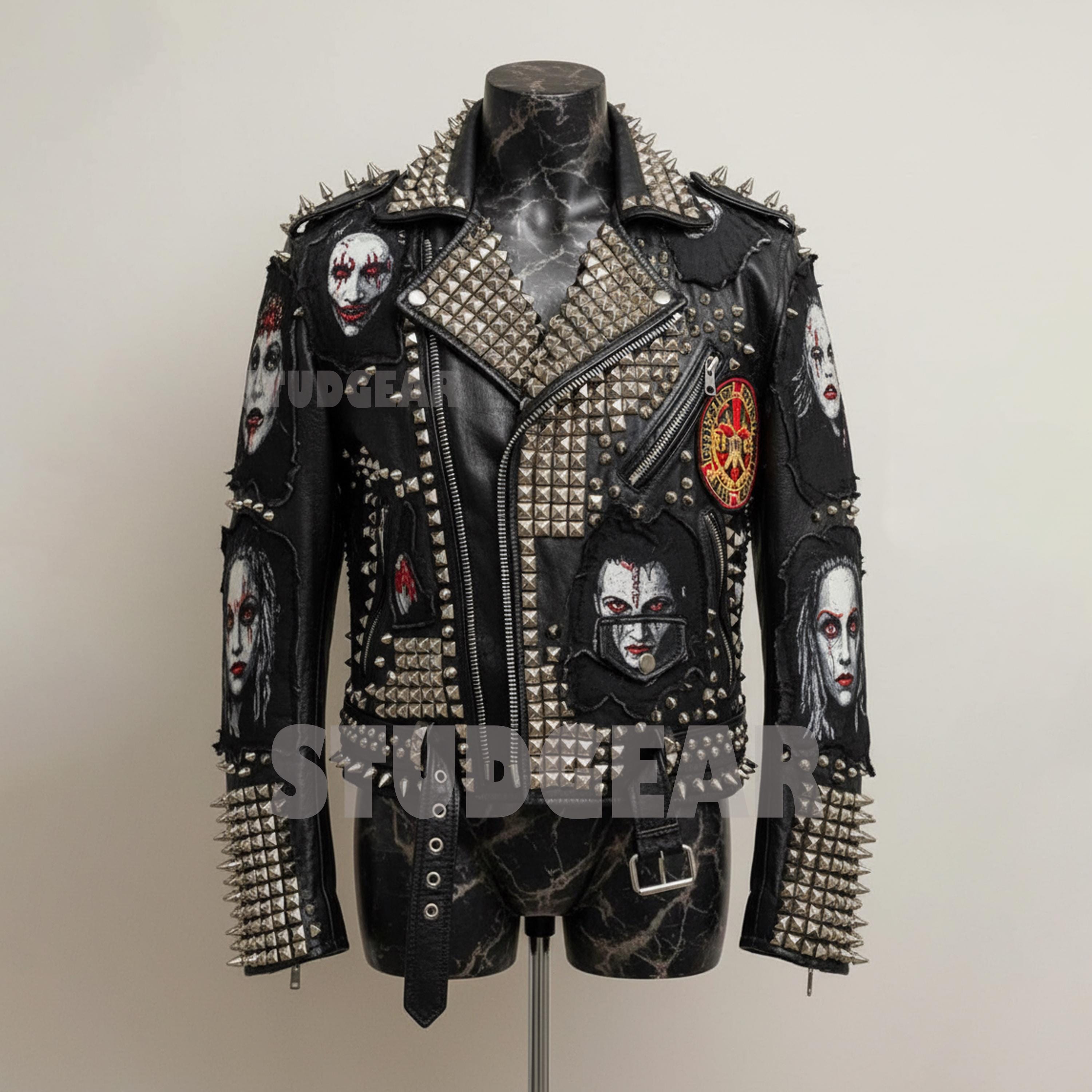 Black Spiked Leather Biker Jacket | Pyramid Studs & NERD Patches