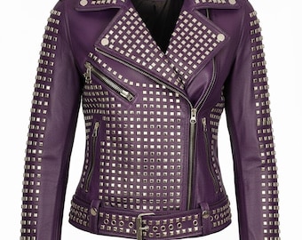 Purple Studded Spike Punk Biker Jacket for Women Genuine leather coat with silver cone spikes metal hardware and bold rock statement style.
