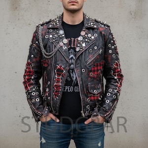Skeleton Punk Jacket with Silver Cone Spikes, Black Leather, Red Plaid Panels, Metal Grommets, Lace-Up Details Patch, and Studded Biker Coat