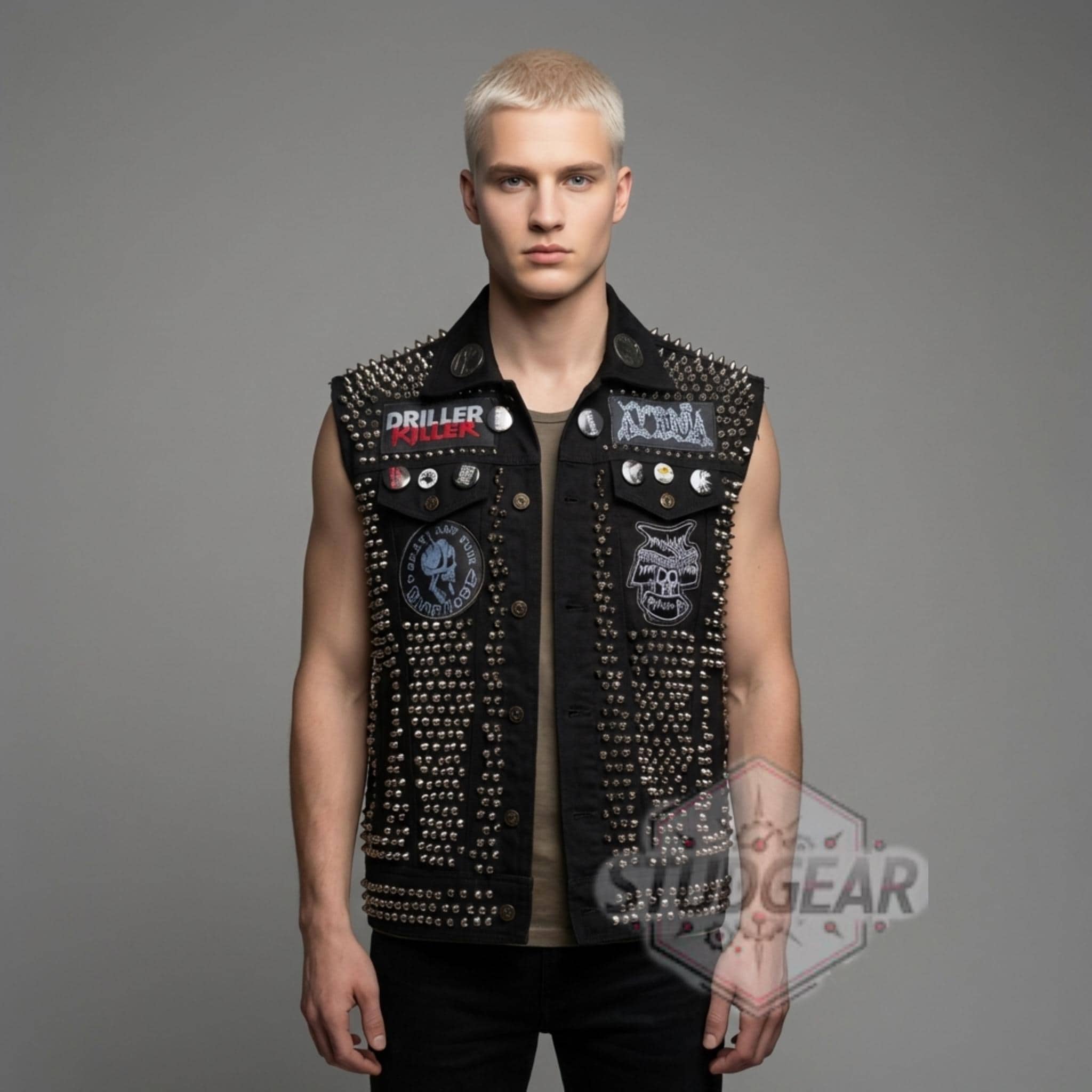 トップス euro used faded studs denim vest/gilet Extreme Studded Spiked Denim Battle Vest | Multi-band Patch Back